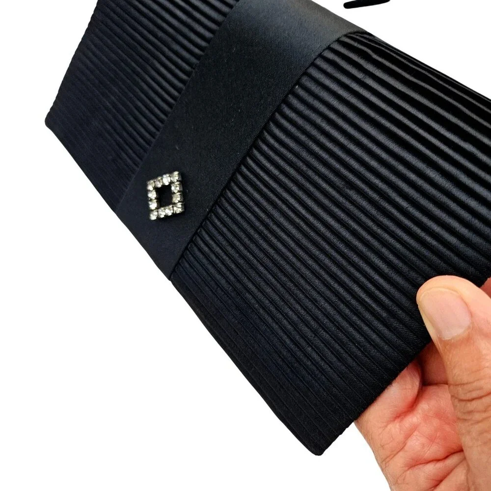 Vintage La Regale Black Pleated Satin Clutch Crossbody w/ Rhinestone Accent NWOT - Picture 4 of 9